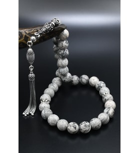 Doğal Gri Jasper Taşlı Tesbih 925 Ayar Gümüş Püsküllü 10mm Küre Kesim 902562