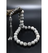 Doğal Gri Jasper Taşlı Tesbih 925 Ayar Gümüş Püsküllü 10mm Küre Kesim 902562