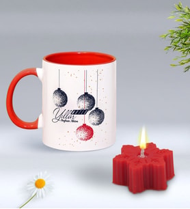 Yılbaşı Hediyesi BK Gift Kişiye Özel Yeni Yıl Tasarımlı Kırmızı Kupa Bardak ve Kırmızı Kar Tanesi Kokulu Mum Hediye Seti-11, Sevgiliye, Arkadaşa Hediye