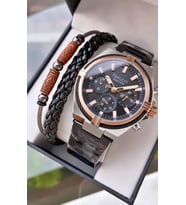 Babalar Gününe Özel Function Erkek Chronograph Kol Saati – Siyah Kadran & Rose Gold Kasa Hediye Bileklik
