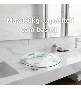 Yuvarlak Şeffaf Dijital Cam Baskül Tartı – 180 Kg Taşıma Kapasitesi, Hassas Ölçüm, Şık Tasarım Terazi