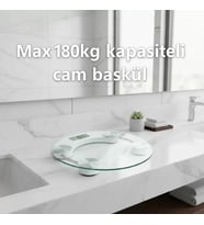 Yuvarlak Şeffaf Dijital Cam Baskül Tartı – 180 Kg Taşıma Kapasitesi, Hassas Ölçüm, Şık Tasarım Terazi