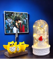 Fotoğraflı Hediye Seti  Led Işıklı Fanus & Baykuş Temalı Fotoğraf Tutucu  Kişiye Özel Hediye Seti (Model 1)