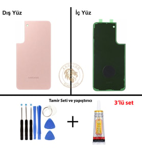 Samsung Galaxy S22 Plus Rose Gold Renk Arka Kapak + Tamir Seti + B7000 Yapıştırıcı Arka Cam Batarya Kapağı Pil Kapağı Lazer Kesim Back Cover Galaxy S22 Plus Uyumlu