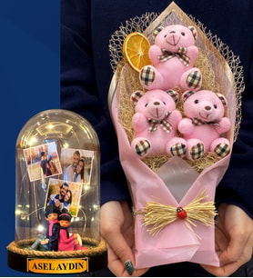 Kişiye Özel 3 Fotoğraflı İsimli Led Işıklı Fanus ve Büyük Boy Pembe Ayıcık Buketi (Model 8)