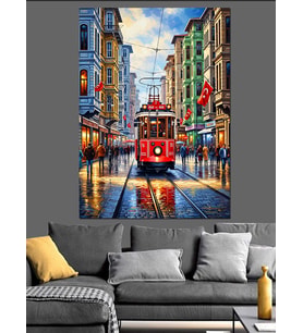 İstiklal Caddesi Kırmızı Tramvay Dekoratif Kanvas - Mdf Ahşap Tablo