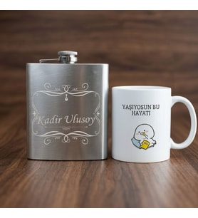 Kişiye Özel İsim Yazılı Çelik Matara ve Yaşıyosun Bu Hayatı Kupa Seti