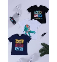 3'lü Dinazor Baskılı Siyah Lacivert Beyaz Tshirt