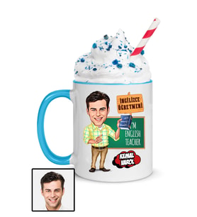 Erkek İngilizce Öğretmenine Hediye Karikatürlü Mavi Kupa Bardak