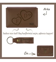 Kahve Renk, Aşkınızı Kalbinize Yazdırın! İsme ve Harfe Özel Kalpli Cüzdan & Anahtarlık Seti, Hediye