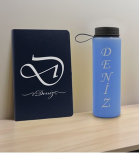 BK Gift Kişiye Özel İsimli Lacivert Defter ve Mavi Cam Matara Hediye Seti-2, Sevgiliye Hediye, Arkadaşa Hediye, Yeni İş Hediyesi