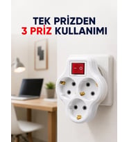 Tek Prizi 3’lü Yapan Anahtarlı Priz Adaptörü Topraklı Priz Çoğaltıcı