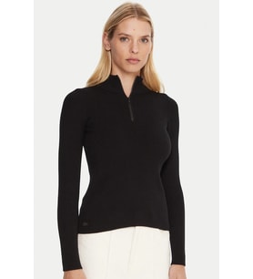 Lacoste Tight Fit High Neck 3D Ribbed Knit Sweater Kadın Dar Kesim Yarım Fermuar Tam Boy Fitilli Kazak Siyah