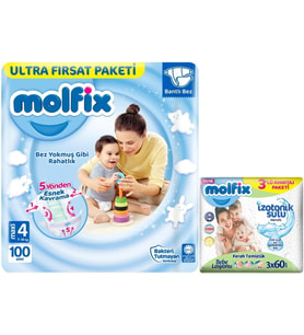 Molfix Bebek Bezi Beden:4 (7-14Kg) Maxi 100 Adet Ultra Fırsat Pk+3 Adet Islak Mendil