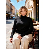 Kadın Büyük Beden Bluz Dik Yaka Uzun Kol Örme Fake Triko Transparan Ultra Hafif Düz Fitted