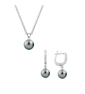 925 Ayar Gümüş Yuvarlak Model Kolye Küpe Siyah Inci Set 8 Mm (İnci)