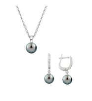 925 Ayar Gümüş Yuvarlak Model Kolye Küpe Siyah Inci Set 8 Mm (İnci)