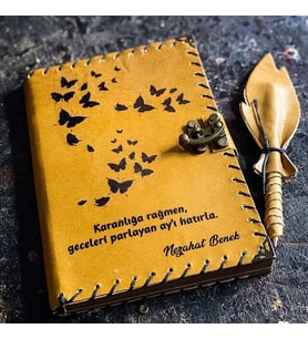 İsme Özel Kelebek Tasarımlı Deri Defter (Taba)