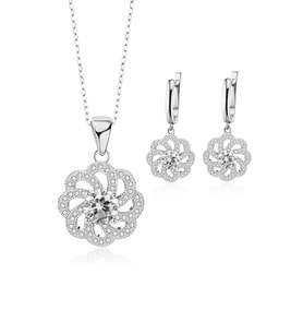925 Ayar Aster Çiçeği Zirconia Taşlı Işıltılı Kolye Küpe Set (Gümüş)