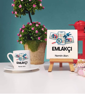 Emlakçı Tasarımlı Kişiye Özel Hediye Emlakçı Türk Kahvesi Fincanı ve Dekoratif Taş Baskı Hediye Seti