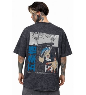 Tasarım Gojo Satoru Jujutsu Kaisen Anime Sırt Baskılı Unisex Oversize Eskitme Yıkamalı Tişört