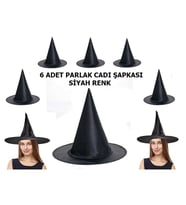 Halloween Siyah Renk Parlak Dralon Cadı Şapkası Yetişkin ve Çocuk Uyumlu 6 Adet