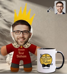 BK Gift Kişiye Özel Fotoğraflı Kral Babam Tasarımlı Bebek Yastık-1 & Siyah Kupa Bardak Hediye Seti-14, Babalar Günü Hediye, Babaya Hediye
