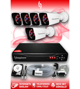 BAYICAM 5 Kameralı Kare 5 Dış Kamera Set 250 GB HDD Full HD Gece Görüşlü Güvenlik Kamerası Sistemi (Beyaz)