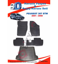 Peugeot 307 Stw 2001-2008 3D Paspas ve Bagaj Havuzu Takımı Bizymo (Siyah)