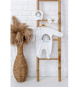 Pia Baby Premium %100 Pamuk İsimli Kız Bebek Tulumu Şapka ve Eldiven Yenidoğan Hediye Seti 5073-09 (Ekru)