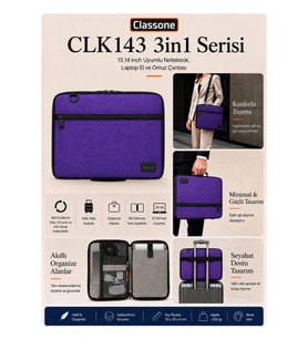 Classone 3in1 Serisi CLK143 13,14 inch Uyumlu Tablet Laptop El ve Omuz Çantası Mor