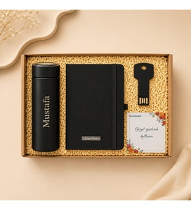 Kişiye Özel İsim Baskılı Dereceli Termos Defter ve 16 GB USB Bellek Premium Hediye Seti Kurumsal Ofi