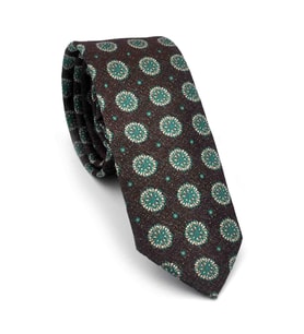 Yeşil Bej Yuvarlak Desenli Kahverengi Dokuma Kumaş Mendilli Slim Fit Kravat // SDK-250206