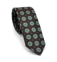 Yeşil Bej Yuvarlak Desenli Kahverengi Dokuma Kumaş Mendilli Slim Fit Kravat // SDK-250206