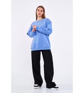 Mavi Kadın Pamuklu Oversize Basic Bisiklet Yaka Sweatshirt