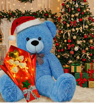 Yılbaşı Konsepti-LED Işıklı Romantik Yeşil - Kırmızı-  Beyaz Peluş Ayıcık Buketi ve 90 cm Peluş Ayı (Koyu Mavi)