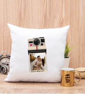 Kişye Özel Polaroid Tasarım Fotoğraflı Kare Yastık ve Gold Kupa