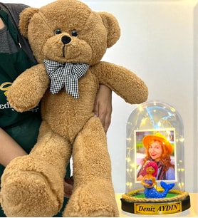 Sizlere Özel Premium Hediye Seti  Led Işıklı Fanus ve 80 cm Büyük Boy Kahve Peluş Ayıcık (Model 10)