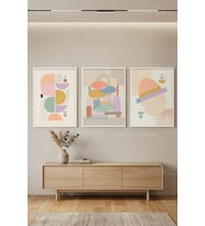 Pastel Tonlarda Geometrik Soyut Sanat 3’lü Ahşap Çerçeveli Tablo Seti