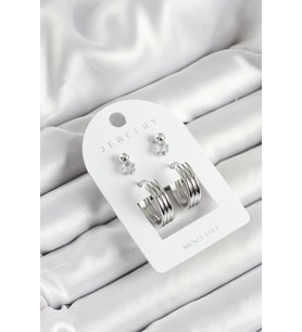 Pirinç Zirkon Taş Ve Halka Figürlü Gümüş Renk 3'lü Çift Kadın Küpe Set - TJ-BKP10649