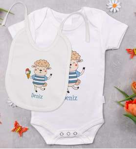 BK Kids Kişiye Özel İsimli Bebek Body Zıbın ve Mama Önlüğü Hediye Seti - Model 22