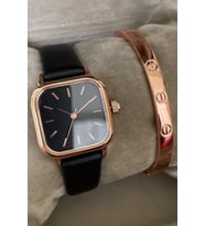 Özel Marka Kutulu Bileklik ve Kol Saati Seti Siyah Kordon Çelik Kasa Rose Cartier Bileklik Seti Kadın Modası Çok Satan Ürünler
