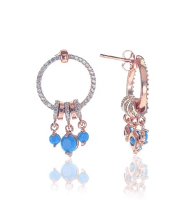 Söğütlü Silver Gümüş rose turkuaz taşlı sallantılı ring küpe