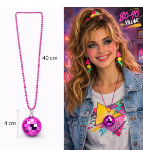 Retro Disko Topu Şekilli 80&amp;#39;ler 90&amp;#39;lar Fuşya Pembe Renk Plastik Kolye