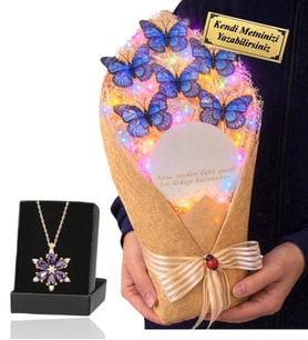 Size Özel Renkli Led Işıklı Aynalı Kelebek Buketi ve Gerçek Ametist Taşlı Lotus Kolye (Mavi)