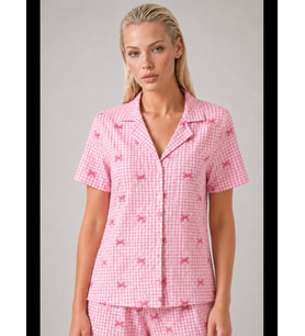 Night Ekose Fiyonk Desenli Şortlu Pijama Takımı Kadın Kısa Kollu Düğmeli Yazlık rahat Pijama Takımı 4634
