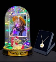 Kişiye Özel Renkli Led Işıklı Fanus ve Tasarım Kolye Hediye Seti (Model 10)