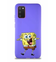 Samsung Galaxy A02S Soft Premier Kapak Sünger Bob Tasarımlı Silikon Kılıf - Mor (Şeffaf)