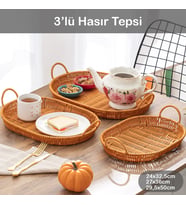 Porsima 708-D Oval 3'lü Dekoratif Ev Mutfak Düzenleyici Kulplu Hasır Sepet Seti Hasır Tepsi Takımı