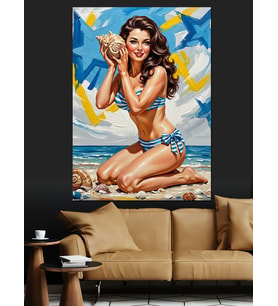 Plajda Pin-Up Kız Mayo Dekoratif Kanvas - Mdf Ahşap Tablo